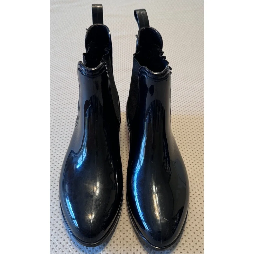 Women's Black Patent Rain Boots Ankle Length Size 10